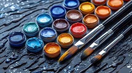 Obraz premium Colorful watercolor paints and brushes on dark surface, creative art supplies, artistic background, for design projects