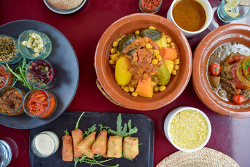 Zenital view of a table with Moroccan cuisine dishes as cous cous and tajin