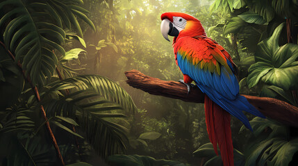 Here's a and keyword list for your image. cybernetic scarlet macaw perched on lush foliage. Mechanical Rainforests. Illustration