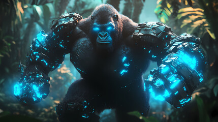 Majestic mechanical gorilla in rainforest - 3d render with articulated arms and glowing blue accents in cinematic lightning. Mechanical Rainforests. Illustration