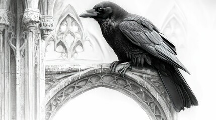 Black raven perched gothic stone archway