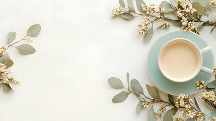 Flatlay Coffee Cup Greenery White Background Banner