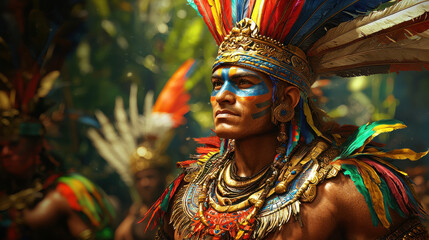 Majestic warrior in vibrant rainbow armor with intricate feathers and jewelry