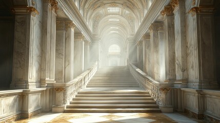Obraz premium Grand marble staircase, golden accents, sunlit palace hall