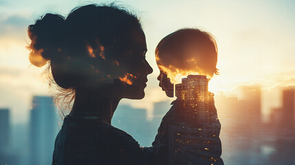 double exposure portrait of woman, inside silhouette is backlit mother and child looking out onto city skyling from window