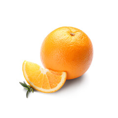 Orange with slice and leaves on white background
