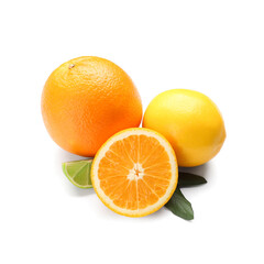 Different cut citrus fruits with leaves on white background