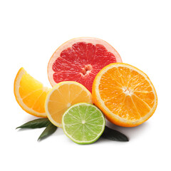Different cut citrus fruits and leaves on white background