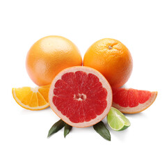 Different cut citrus fruits and leaves on white background