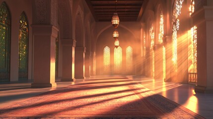 Fototapeta premium Sunlight Streams Through Arched Windows in a Grand Middle Eastern Hallway