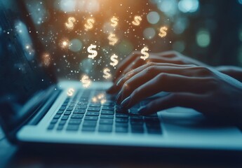 Hands typing on laptop with glowing dollar signs, representing online business, digital finance, e-commerce, and money-making opportunities in modern economy