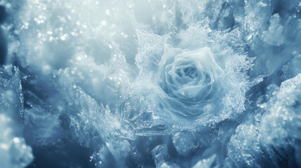 ethereal ice rose surrounded by sparkling frost creates magical winter scene, evoking feelings of tranquility and beauty in frozen landscape