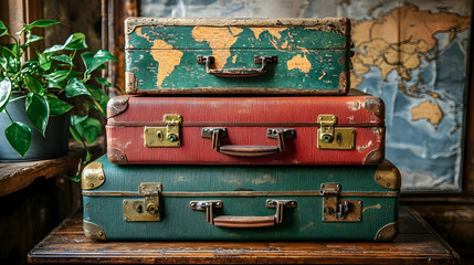 Vintage Suitcases Stacked, World Map Background, Interior Setting, Travel Nostalgia