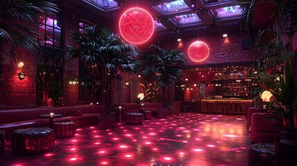 Tropical nightclub interior, pink lighting, dance floor, plants, bar