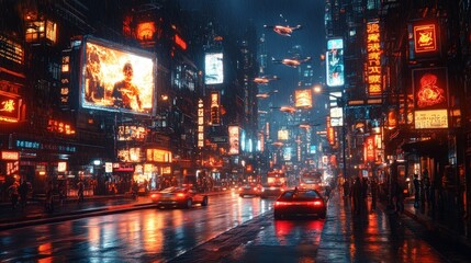 Cyberpunk rain-slicked city street at night