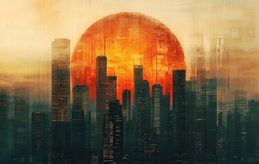 Majestic Sunset Over Urban Skyline with Silhouetted Skyscrapers and Vibrant Orange Sun Glowing Behind City Buildings in Atmospheric Landscape