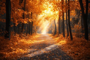 Fototapeta premium Autumn path, sunlit forest, fall leaves, tranquil scene, nature wallpaper