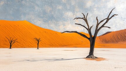 Namibian desert landscape with dead trees against orange dunes