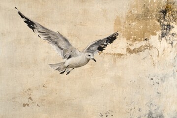 Obraz premium Seagull soars above the mottled aged and weathered backdrop