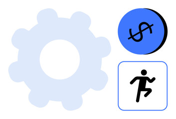 Blue gear, crossed-out dollar sign, running figure in square. Ideal for productivity, finance, movement, economy, automation budget cuts efficiency. Abstract line flat metaphor