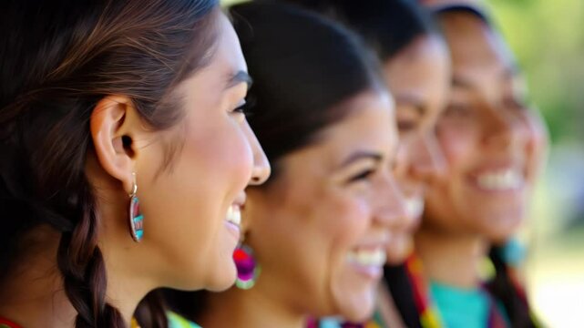 Group of beautiful smiling happy attractive indigenous Native American young women 
