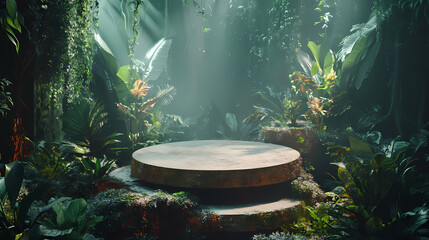 3d podiums in a jungle with mechanical trees and plants, merging nature and machinery. Mechanical Rainforests. Illustration