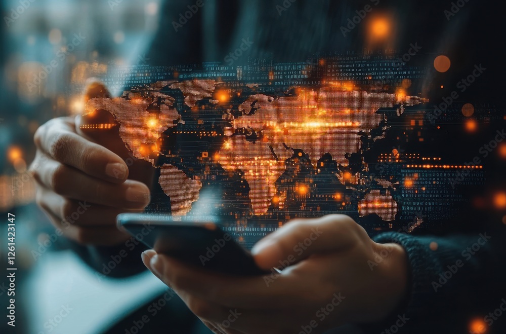 Poster person holding smartphone in front of digital world map with data visualizations and illuminated ele