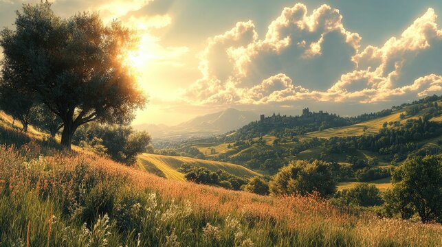 Sunset vista, castle nestled in rolling hills.