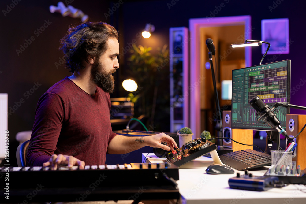 Poster sound engineer mixing and mastering new songs in home studio, adding piano electronic keyboard tunes