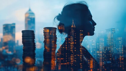 Profile silhouette of a woman with city skyline and coin stacks, representing financial growth, investment, ambition, urban life, and future aspirations