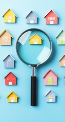 Magnifying glass focusing on a house model among many,  on a light blue background