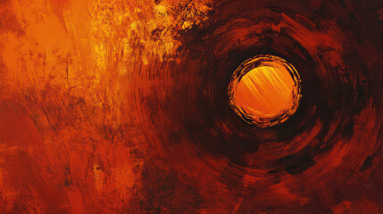 Vibrant abstract artwork featuring circular pattern in warm orange and black tones, evoking sense of energy and movement. textured background enhances visual depth