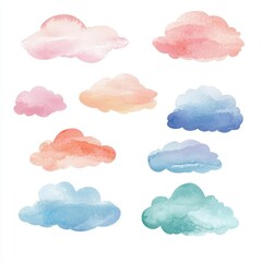 Set of Watercolor-Painted Clouds Isolated on White Background for Creative Design Projects