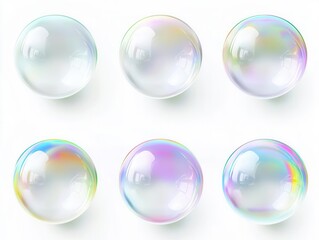Set of Realistic White Colorful Soap Bubbles with Rainbow Reflections