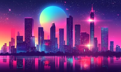 Fototapeta premium Futuristic city skyline with skyscrapers and glowing city lights