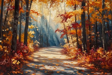 Obraz premium Autumn path, sunlit forest, fall colors, peaceful scene, nature wallpaper