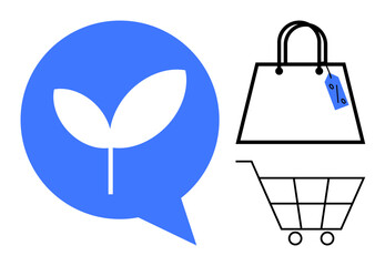 Leaf inside blue chat bubble with handles symbolizing sustainable conversation, black shopping bag with price tag, wireframe shopping cart. Ideal for sustainability, eco-friendly products