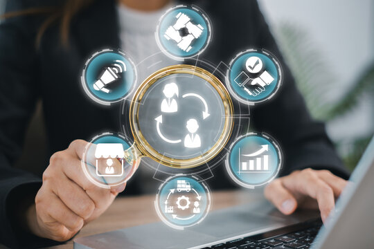Visual representation of B2B networking with digital icons symbolizing corporate collaboration and growth.