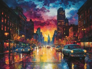Naklejka premium Vibrant city street, sunset hues, rain-slicked road.