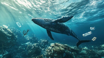 Fototapeta premium Humpback Whale Navigating Polluted Ocean Waters Amidst Plastic Debris