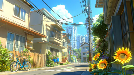 Naklejka premium Sunny residential street scene with colorful houses, bicycles, and sunflowers