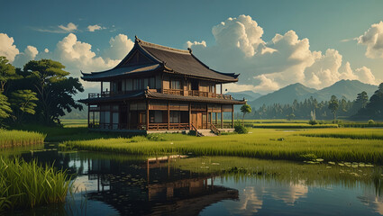 Naklejka premium Chinese pavilion in the garden on a sunny day