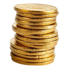 Stacked Gold Coins with Shiny Surface Reflecting Light in a White Background, Perfect for Financial or Investment Concepts and Related Imagery