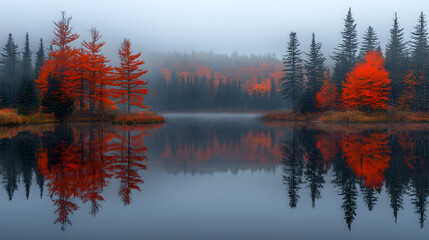 Misty Autumn Lake Reflection, Red Trees, Forest Background, Calm Nature Scene, Perfect for Travel Brochures