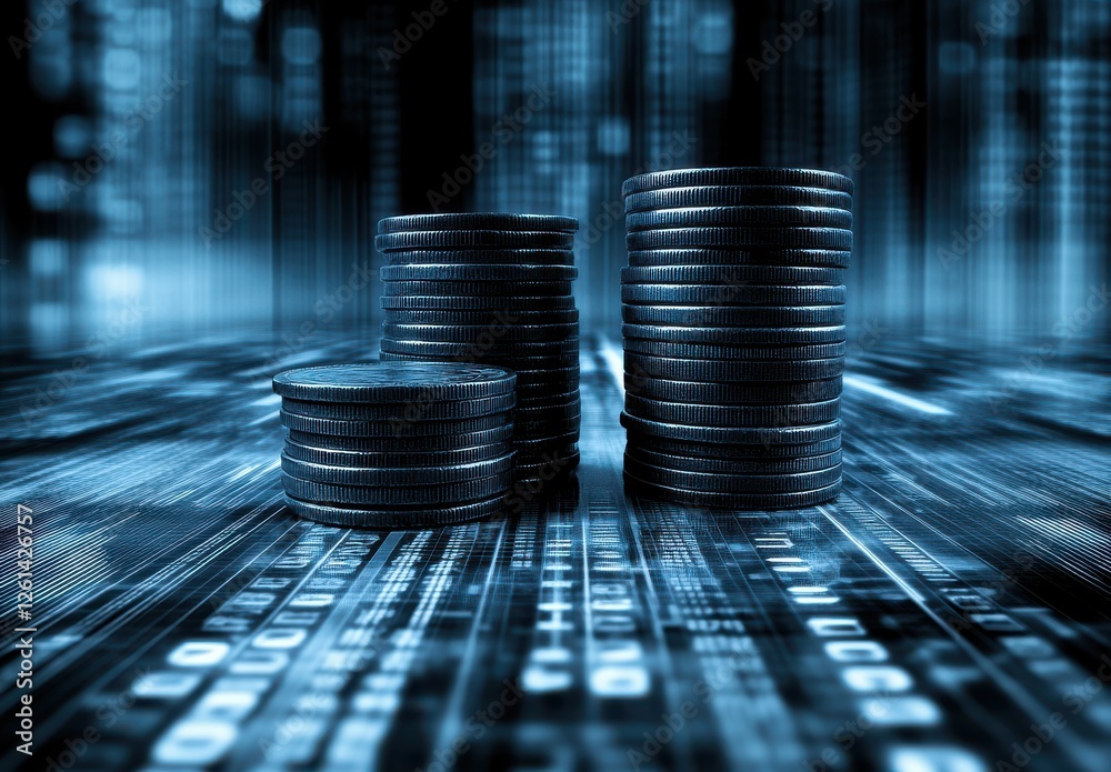 Poster stacks of coins against a digital backdrop of binary code representing finance, technology, and the 