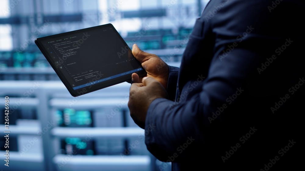 Poster engineer in high tech facility using tablet to patch network issues leading to slow data transfer ra