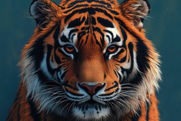 Naklejka premium Majestic tiger portrait, intense gaze, orange stripes.