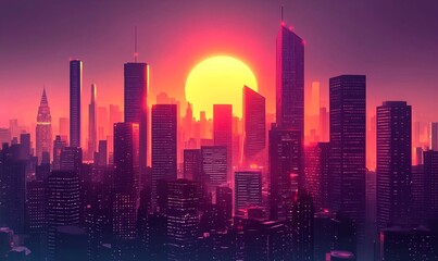 A futuristic cityscape featuring towering skyscrapers, neon lights, and advanced technology