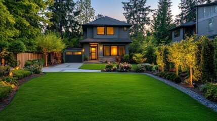 Idyllic suburban house showcasing meticulously landscaped lawn and garden