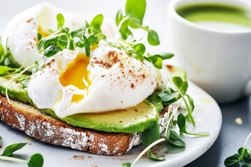 A beautifully arranged plate features avocado toast crowned with perfectly poached eggs and fresh microgreens alongside a cup of vibrant green juice. Generative AI
